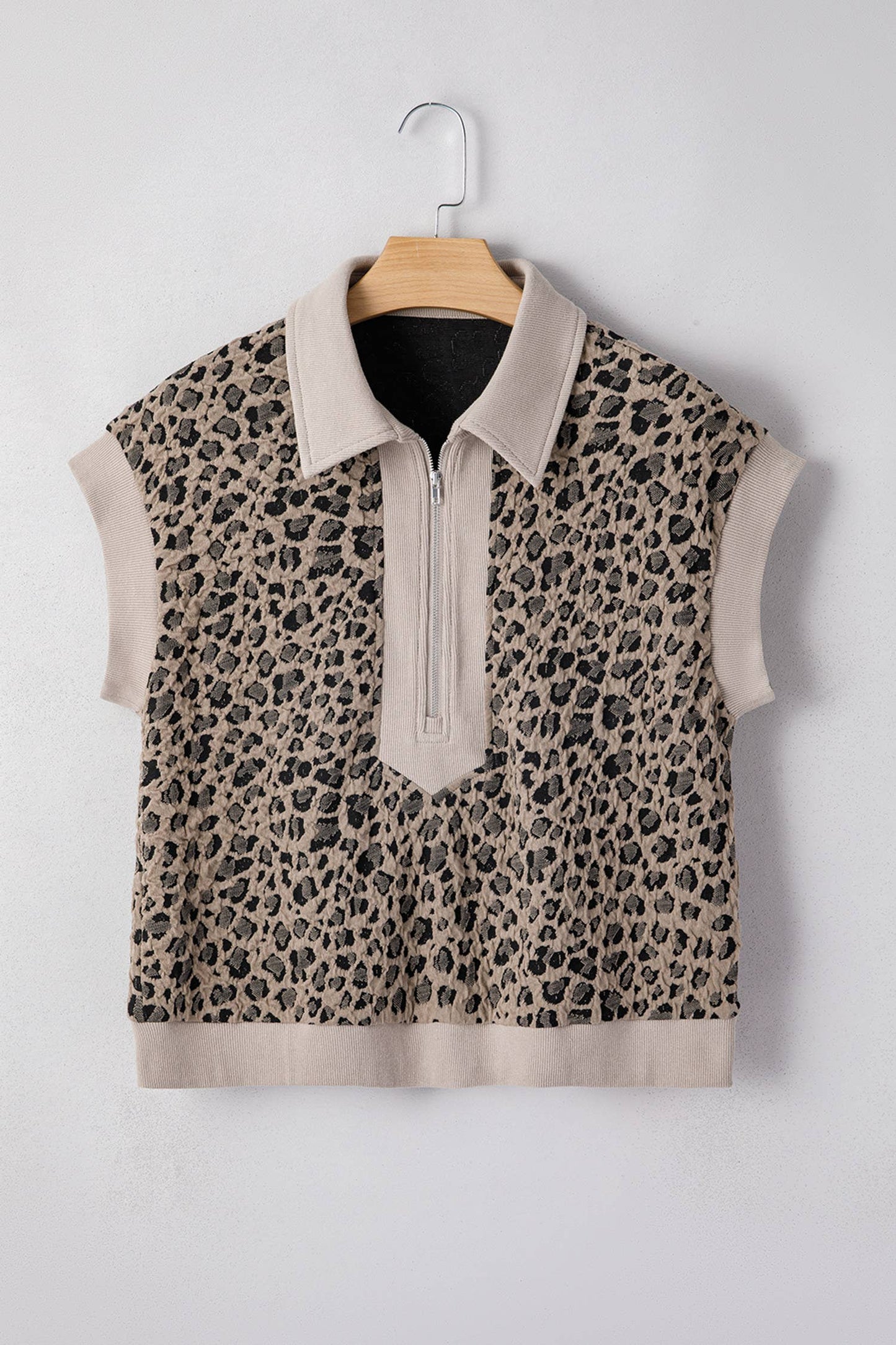 Zip up Collared Leopard Cap Sleeve Top