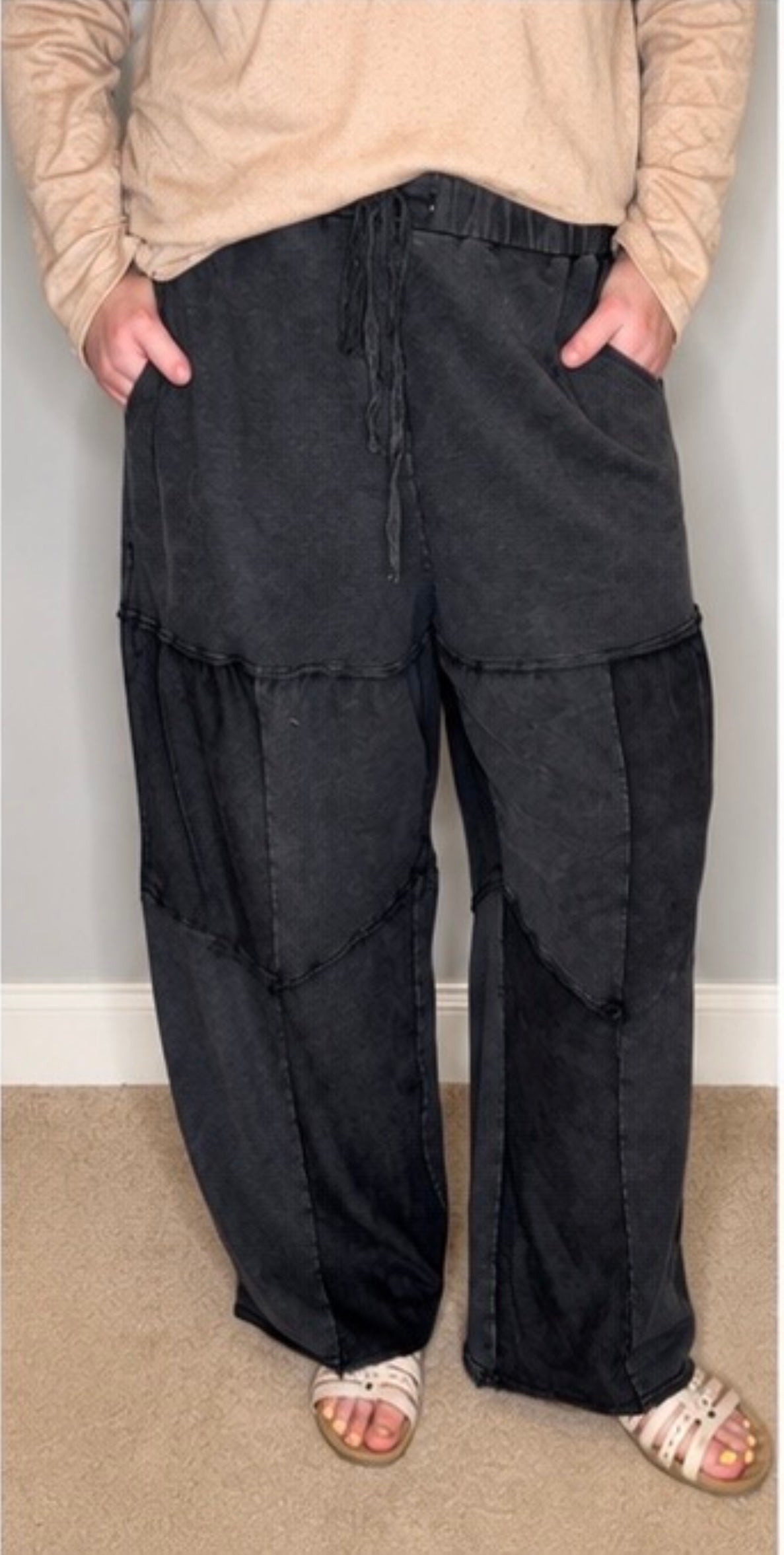 Mineral Wash Tiered Wide Leg Patchwork Drawstring Pants