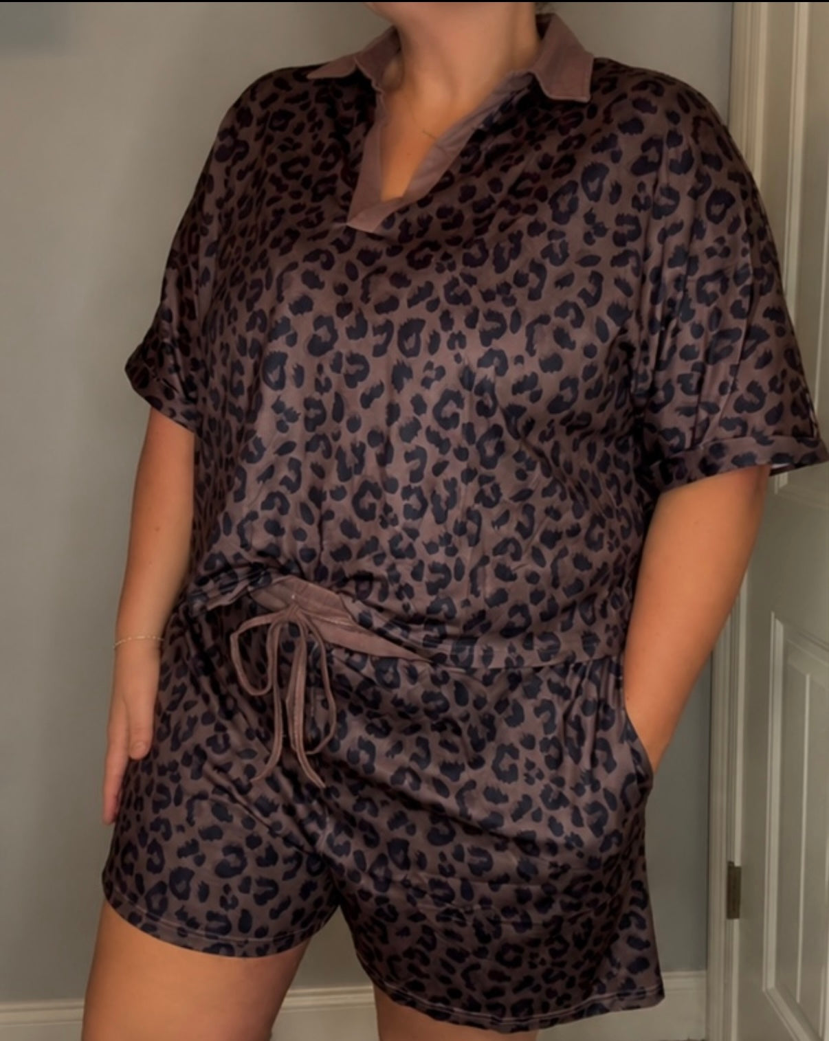 Collar Patchwork Leopard Printed 2pcs Short Set