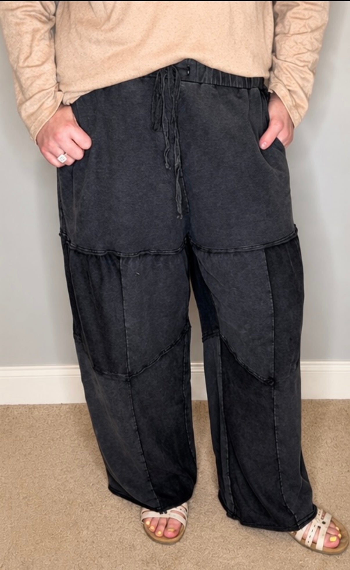 Mineral Wash Tiered Wide Leg Patchwork Drawstring Pants